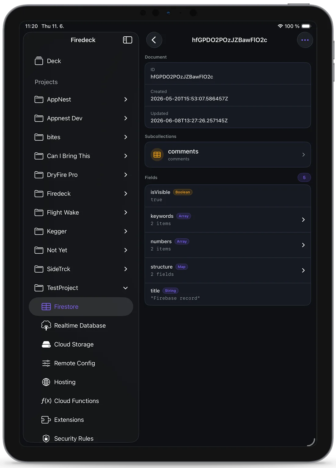 Firedeck on iPad — multi-column Firebase workspace